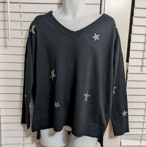 Knox Rose Womens Plus Size Black V-Neck Sweater with Star Accents EUC Size XXL